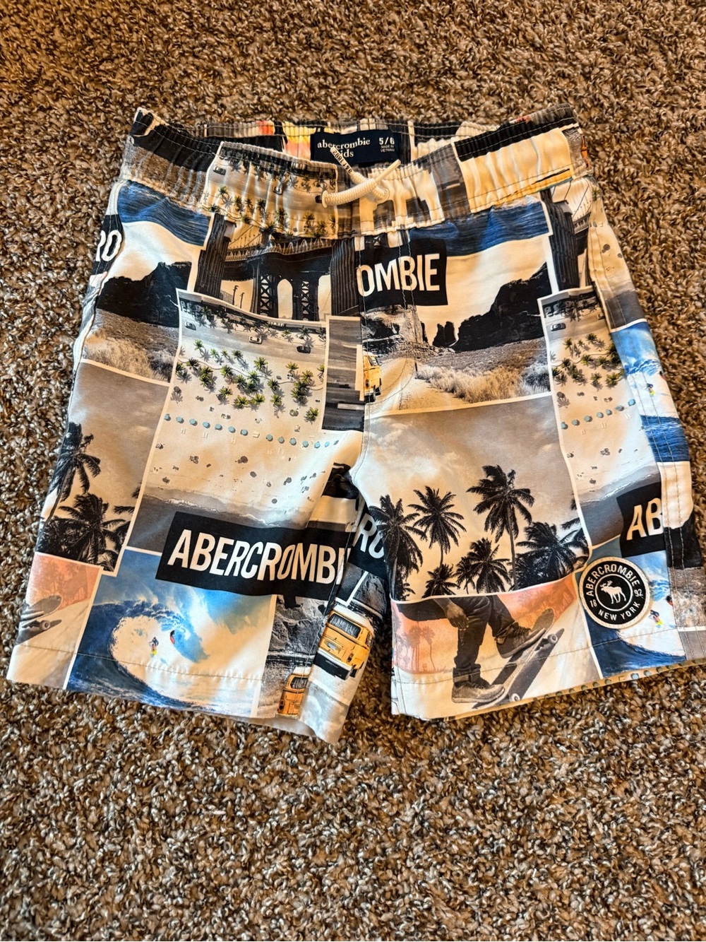 abercrombie kids Blue, Tan & Black Photo-Print Swim Shorts